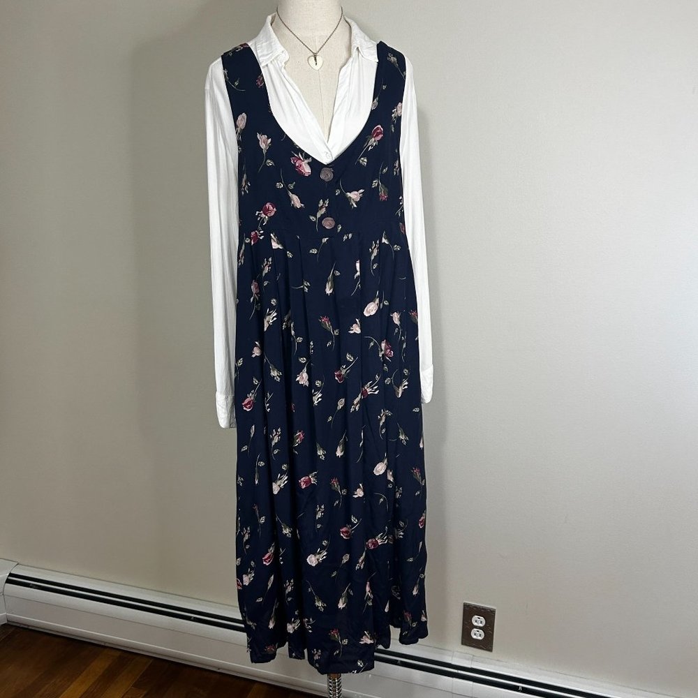 90's Express Jumper Dress Express Blue Floral Market Dress Victorian Roses VTG